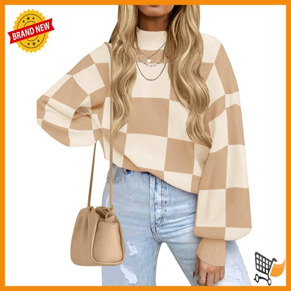 Striped Ribbed Knit Pullover Sweater Turtleneck Long Sleeve Loose Fit
